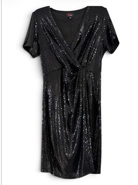 JM Studio By John Meyer Black Sequin Faux-Wrap Midi Black Tie Gala Dress Size 10
